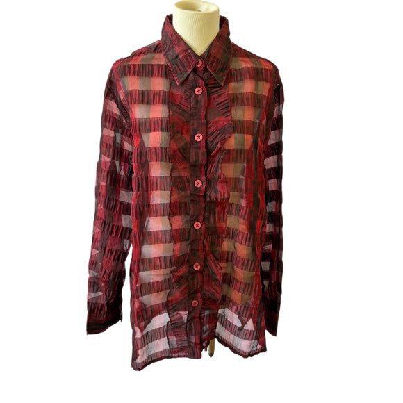 DISMERO TOP SEMI SHEER CRINKLE PLAID CHECKS RUFFLE HOLIDAY DRESSY CHIC L - Picture 2 of 10